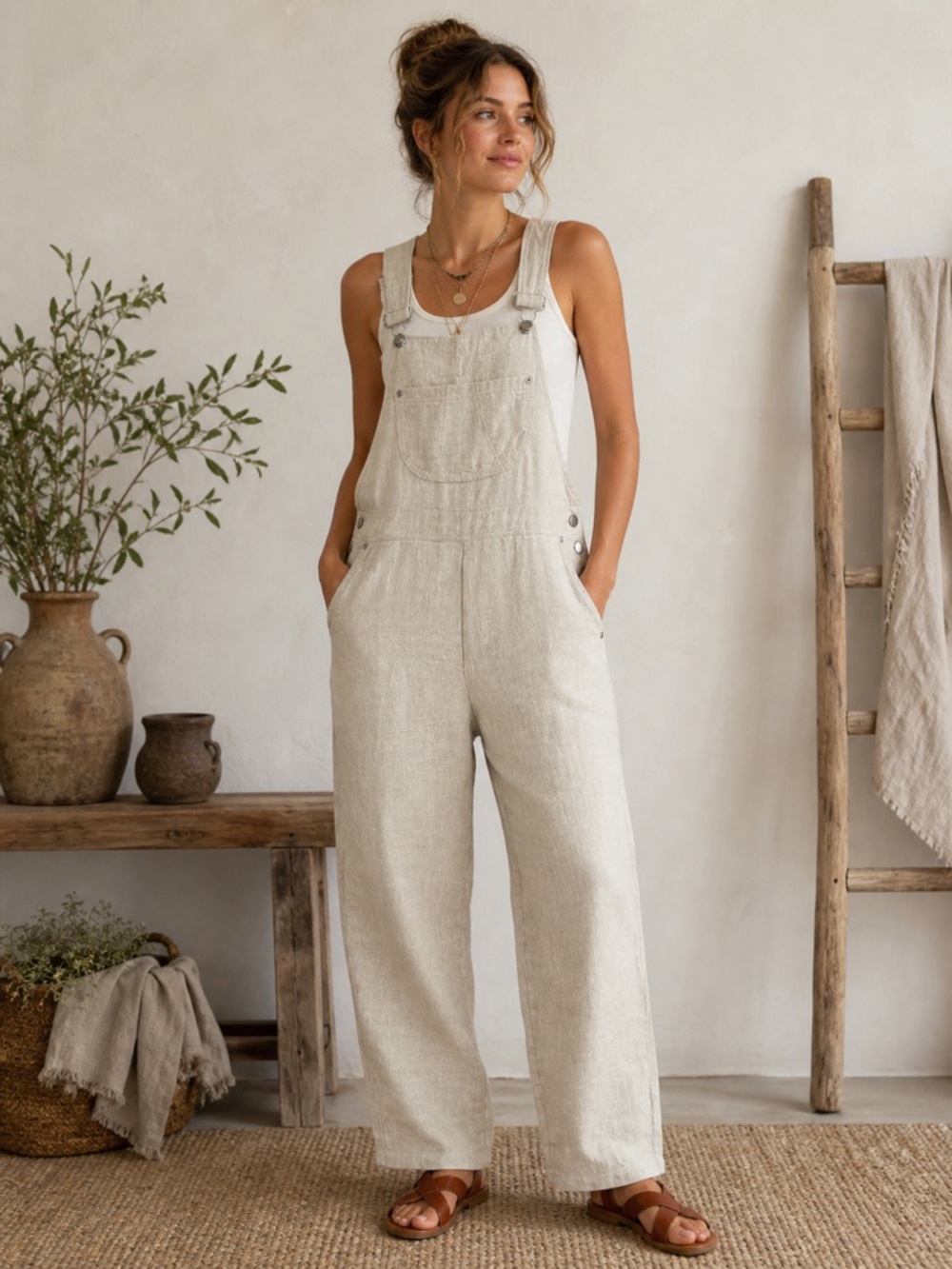 Lagenlook 100% Linen Bib Overalls Cream Utility Casual Boho Garden Girl Earthy